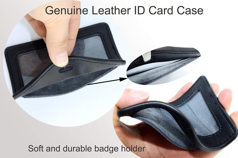 HoAoOo ID Card Case + Lanyard + Badge Holder Retractable Reel Carabiner and Plastic Clip (Genuine Leather Horizontal Black) - Image 3
